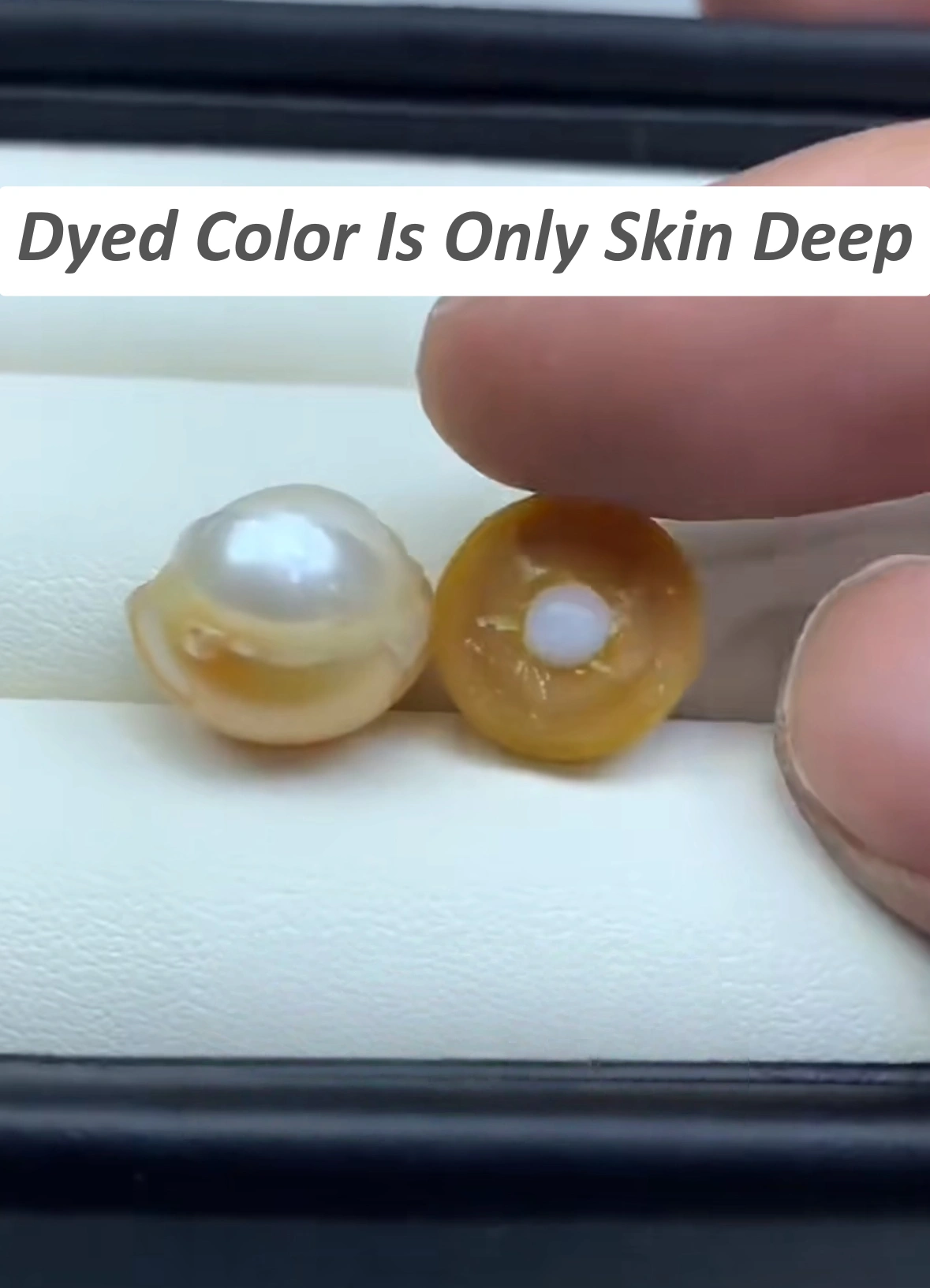 Comparison between dyed light gold pearl structure and natural golden South Sea pearl structure