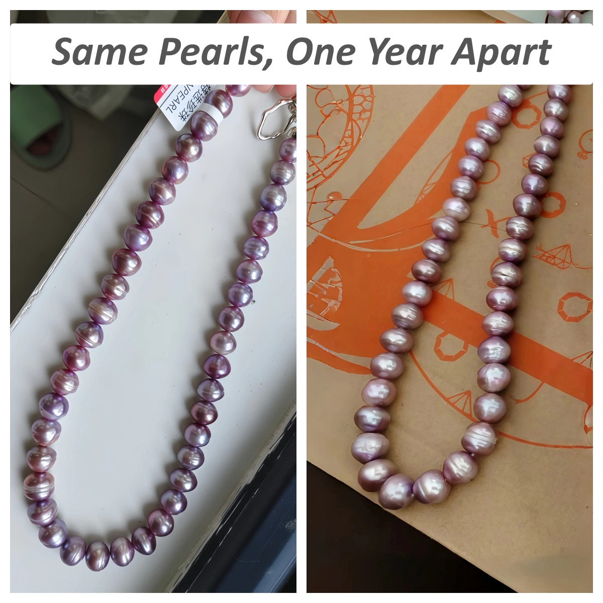 Comparison of a natural purple freshwater pearl necklace after one year of color softening