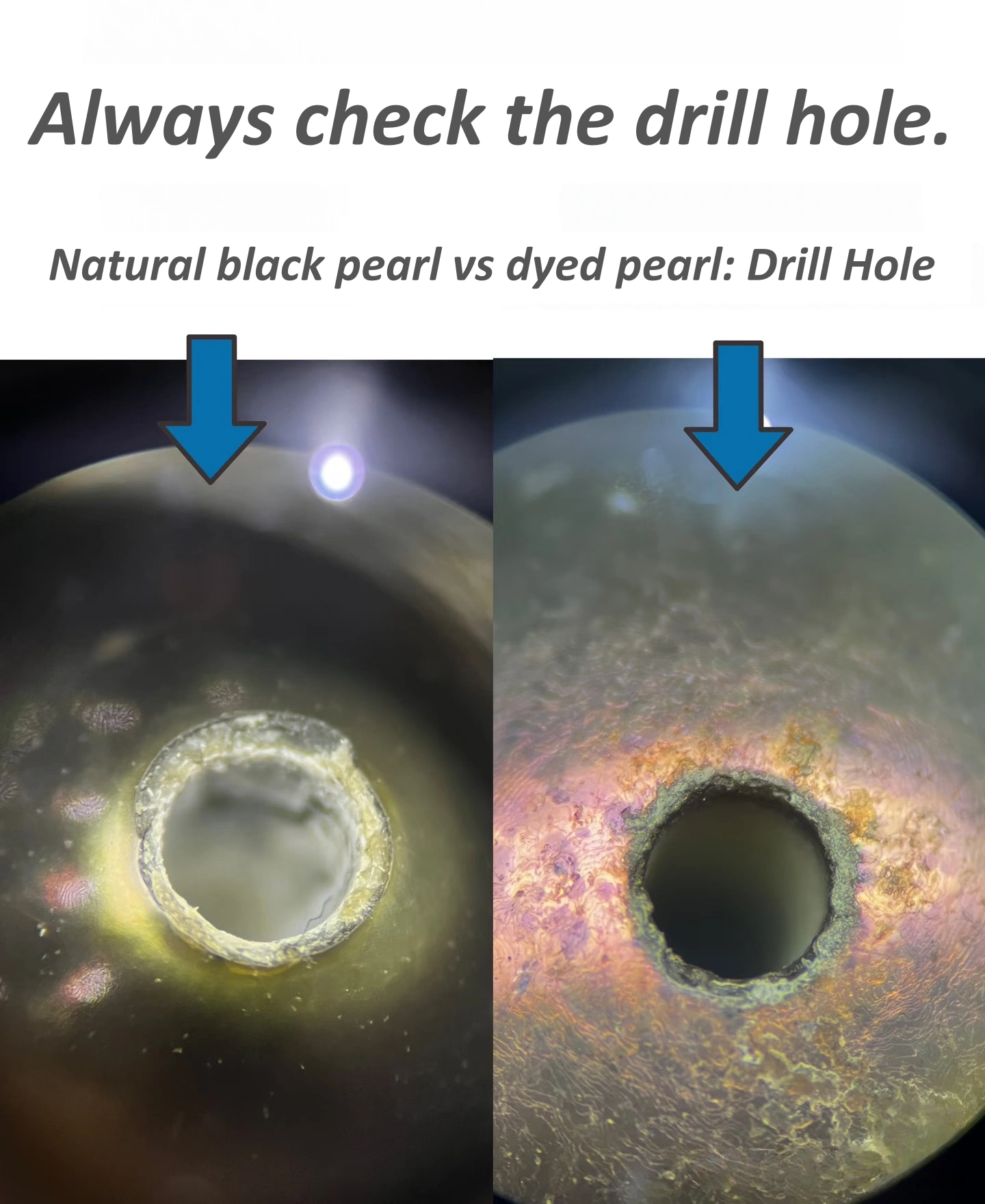 Drill hole comparison between natural Tahitian pearl and dyed black pearl