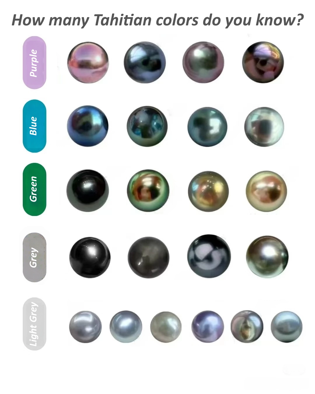 5 major Tahitian pearl color families including green, purple, gray and blue overtones