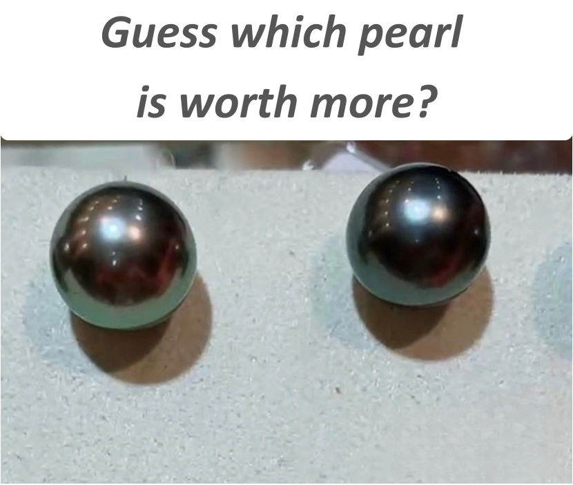 Two Tahitian pearls displayed for value comparison exercise