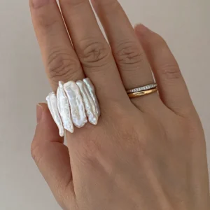 Large statement Keshi pearl ring worn on hand